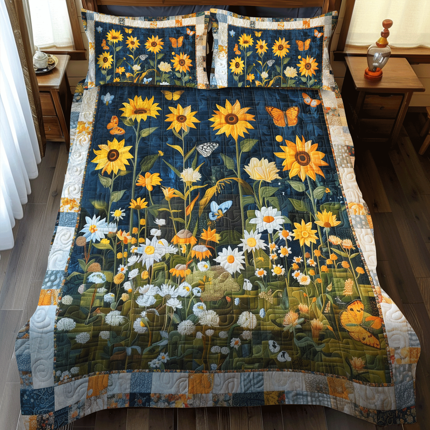 Set di Biancheria da Letto Trapuntata 3 Pezzi Girasoli della Mezzanotte