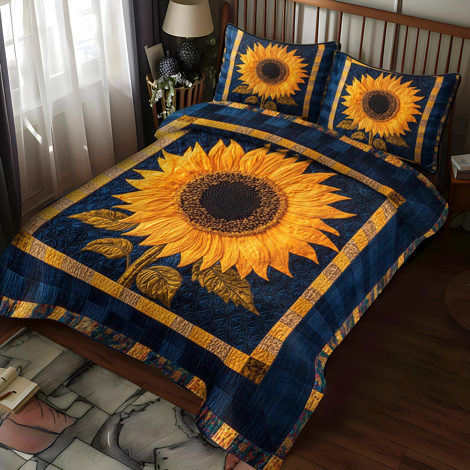 Set di Biancheria da Letto Trapuntata 3 Pezzi Mezzanotte Fioritura