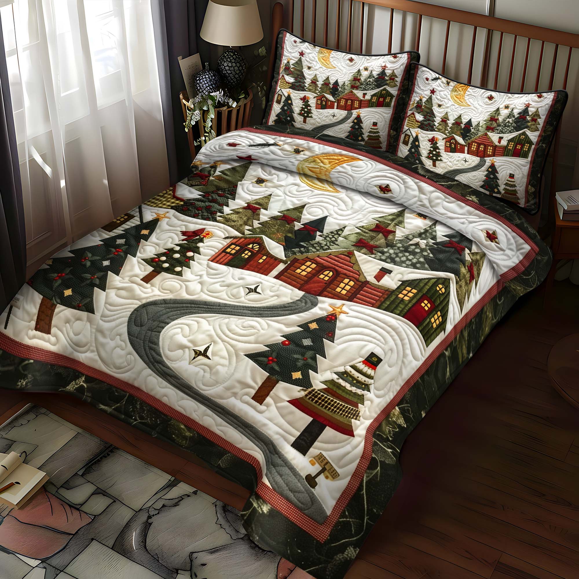 Set di Biancheria da Letto Trapuntata 3 Pezzi Villaggio Lunare del Natale