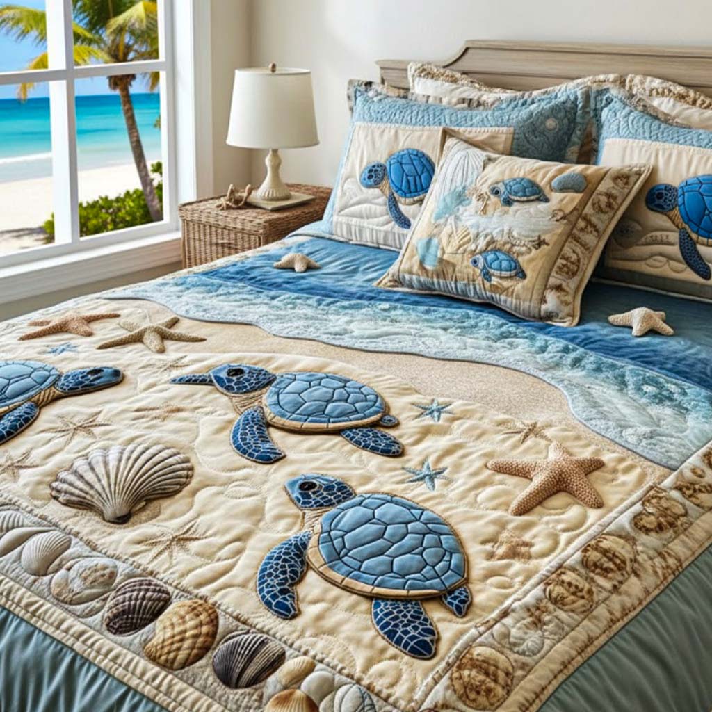 Set di Biancheria da Letto Trapuntata 3 Pezzi Onde dell'Oceano