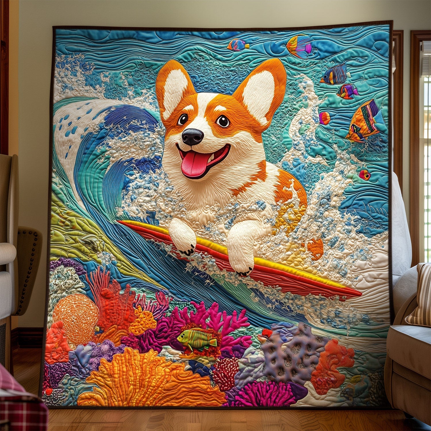 Cavalcata del Corgi nell'Oceano Coperta Trapuntata