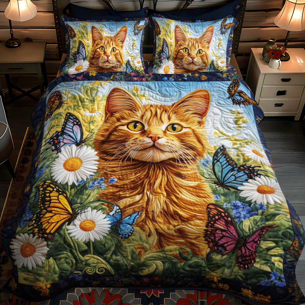 Set di Biancheria da Letto Trapuntata 3 Pezzi Farfalle di Orange del Gatto di With