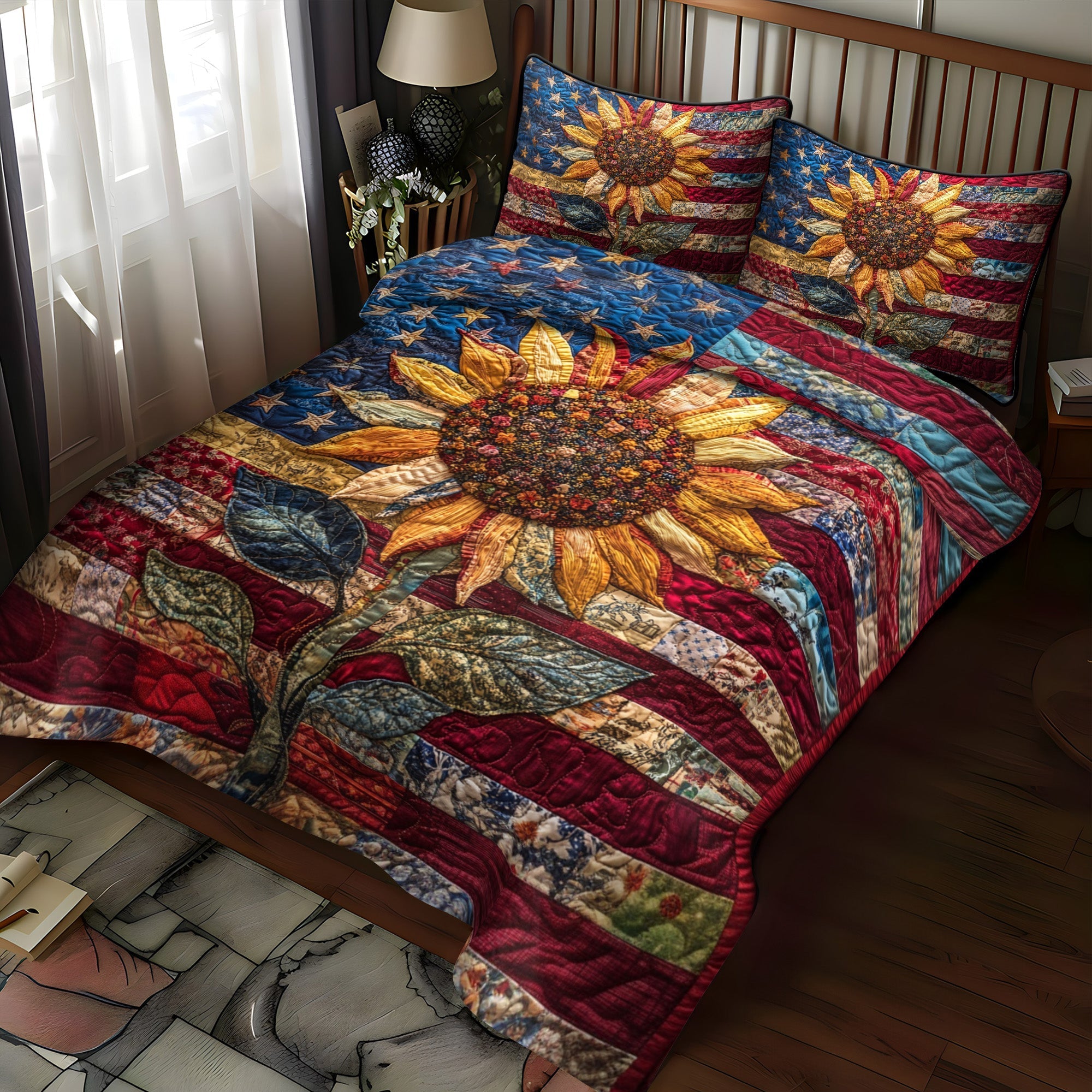 Set di Biancheria da Letto Trapuntata 3 Pezzi Girasole Patriottico