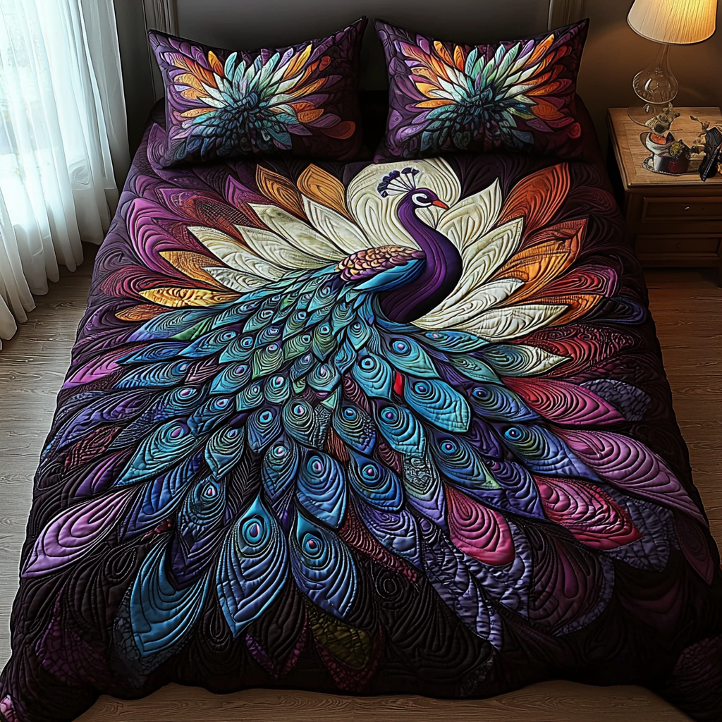 Set di Biancheria da Letto Trapuntata 3 Pezzi Pavone