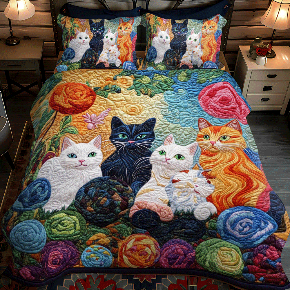 Set di Biancheria da Letto Trapuntata 3 Pezzi Gatti Giocosi e Yarn