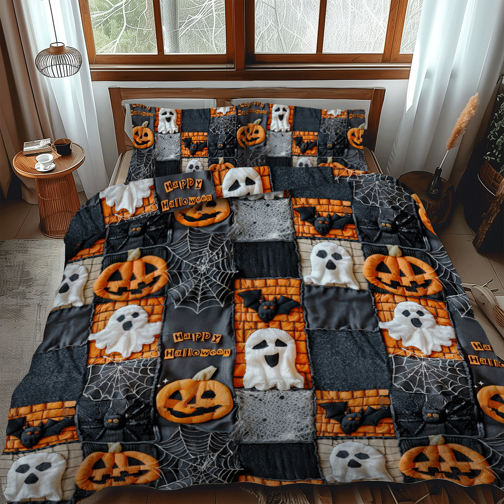 Set di Biancheria da Letto Trapuntata 3 Pezzi Toppa della Zucca di Halloween