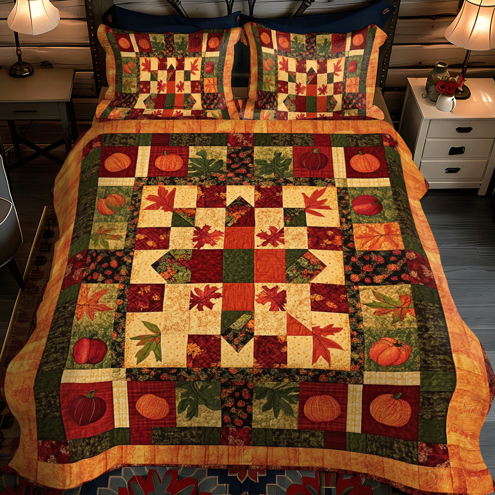 Set di Biancheria da Letto Trapuntata 3 Pezzi Autunno della Zucca del Patchwork