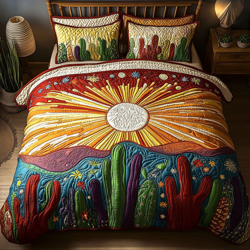 Set di Biancheria da Letto Trapuntata 3 Pezzi Tramonto tra i Cactus