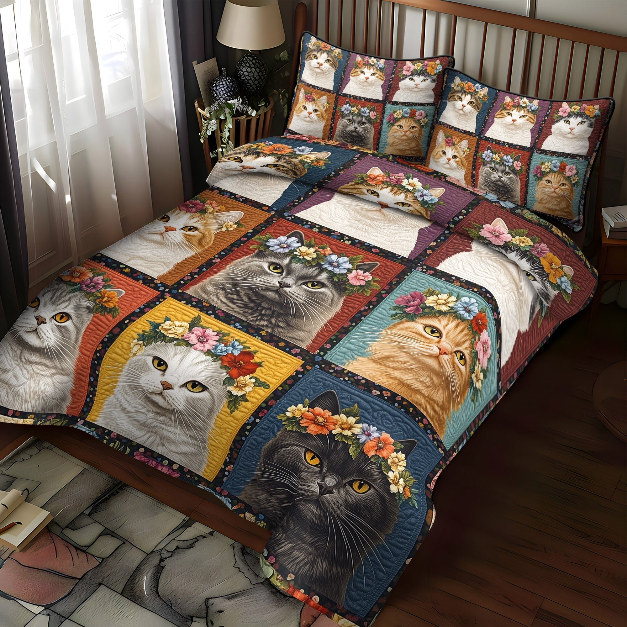 Set di Biancheria da Letto Trapuntata 3 Pezzi Gatti Floreali di Purrfectly