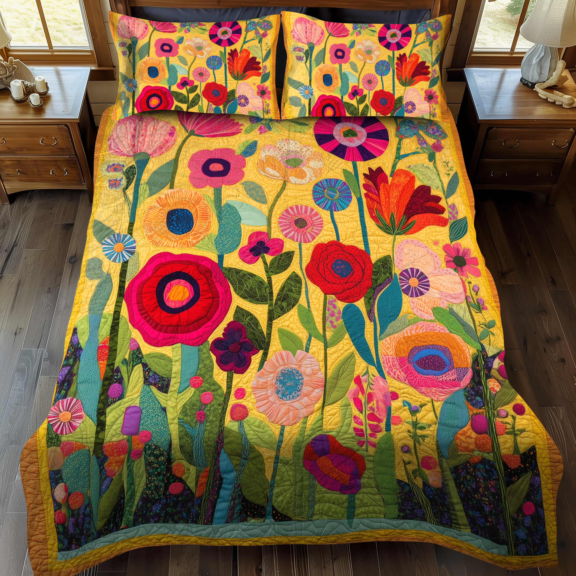 Set di Biancheria da Letto Trapuntata 3 Pezzi Fiori Radiosi
