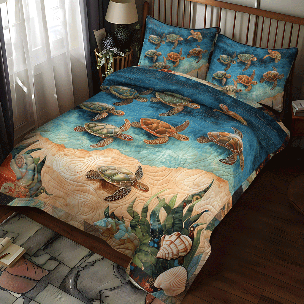 Set di Biancheria da Letto Trapuntata 3 Pezzi Oasi del Mare della Tartaruga