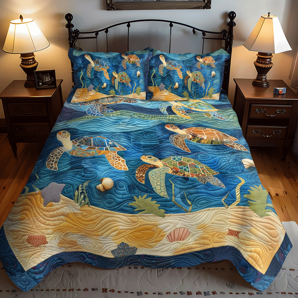Set di Biancheria da Letto Trapuntata 3 Pezzi Tartaruga del Mare di Playground