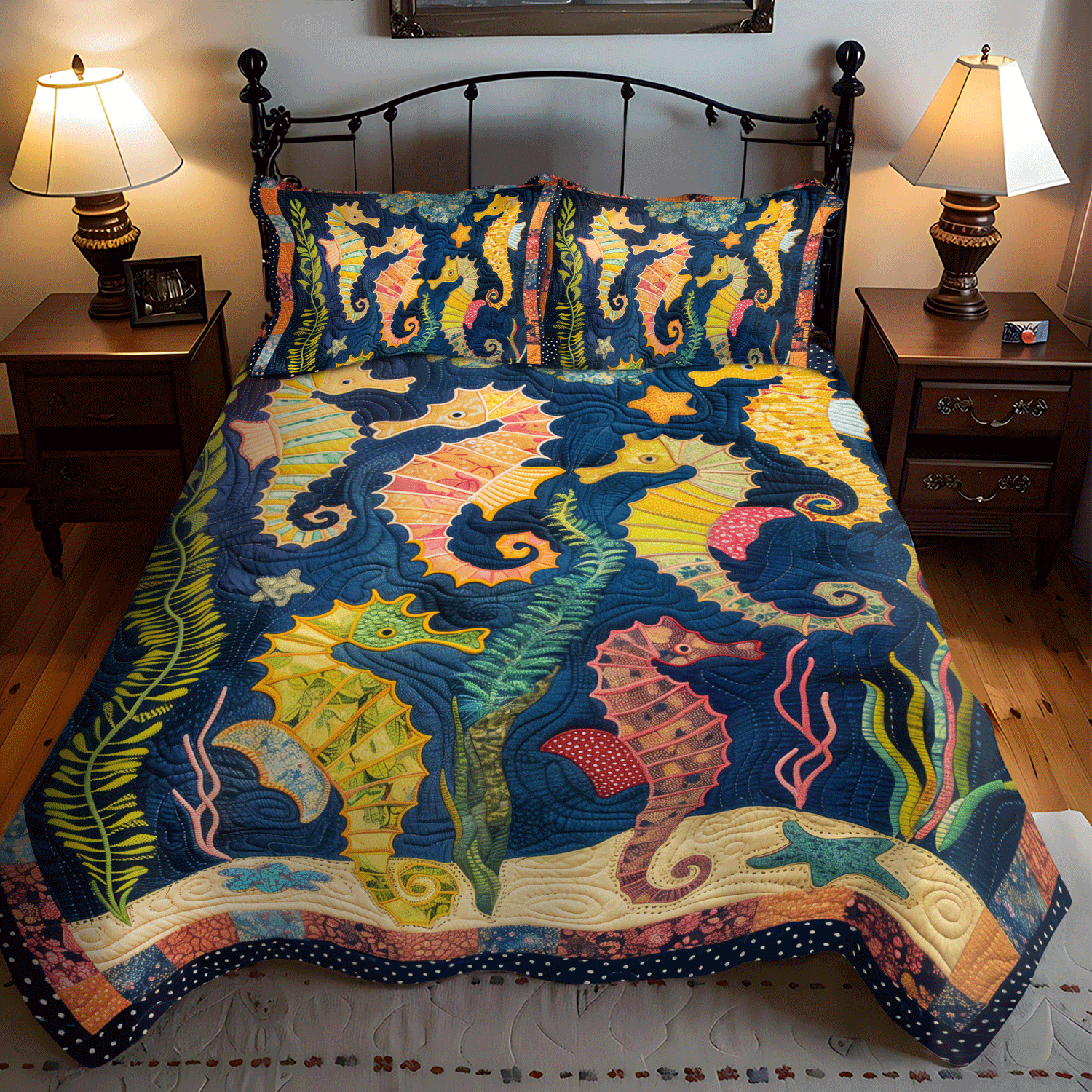 Set di Biancheria da Letto Trapuntata 3 Pezzi Paradiso del Cavalluccio Marino