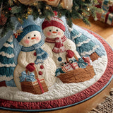 Famiglia di Neve nel Regno d'Inverno Copri Base per Albero di Natale Trapuntato