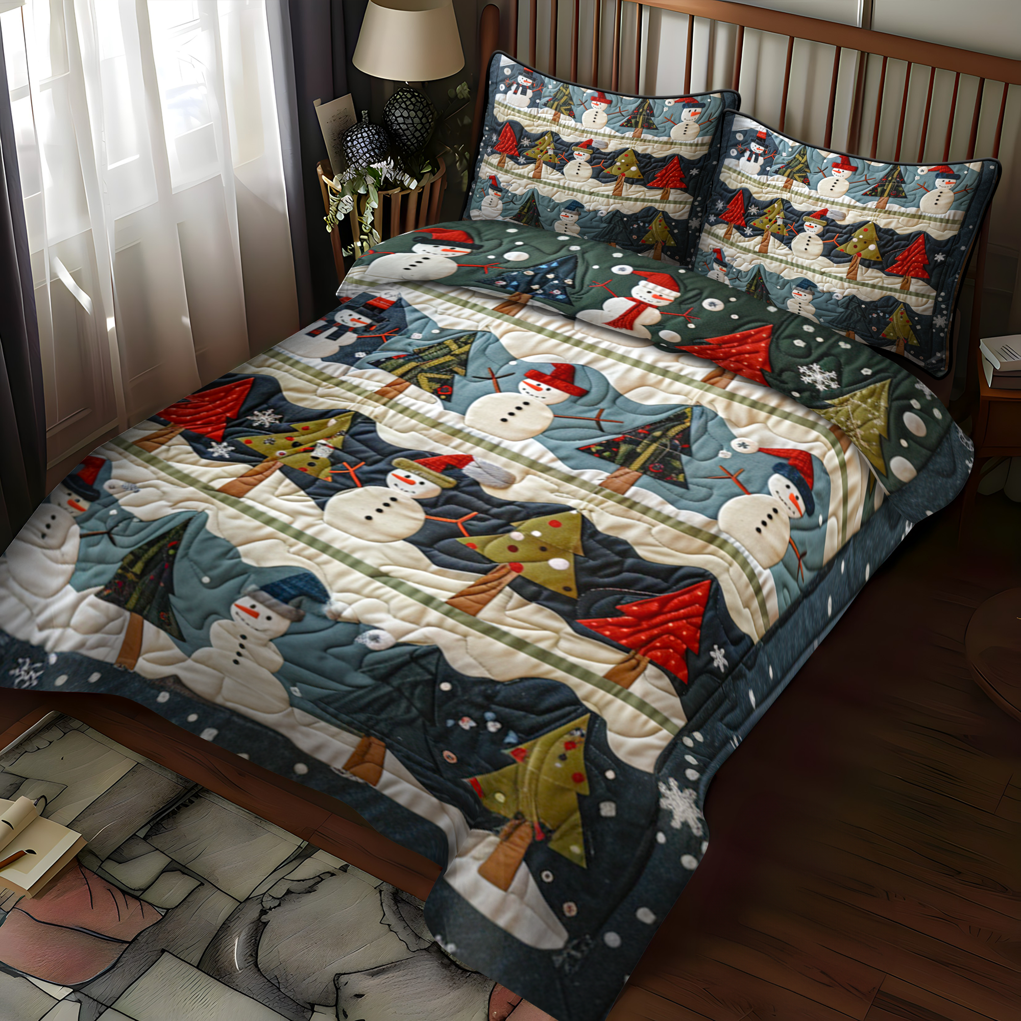 Set di Biancheria da Letto Trapuntata 3 Pezzi Sorrisi del Pupazzo di Neve