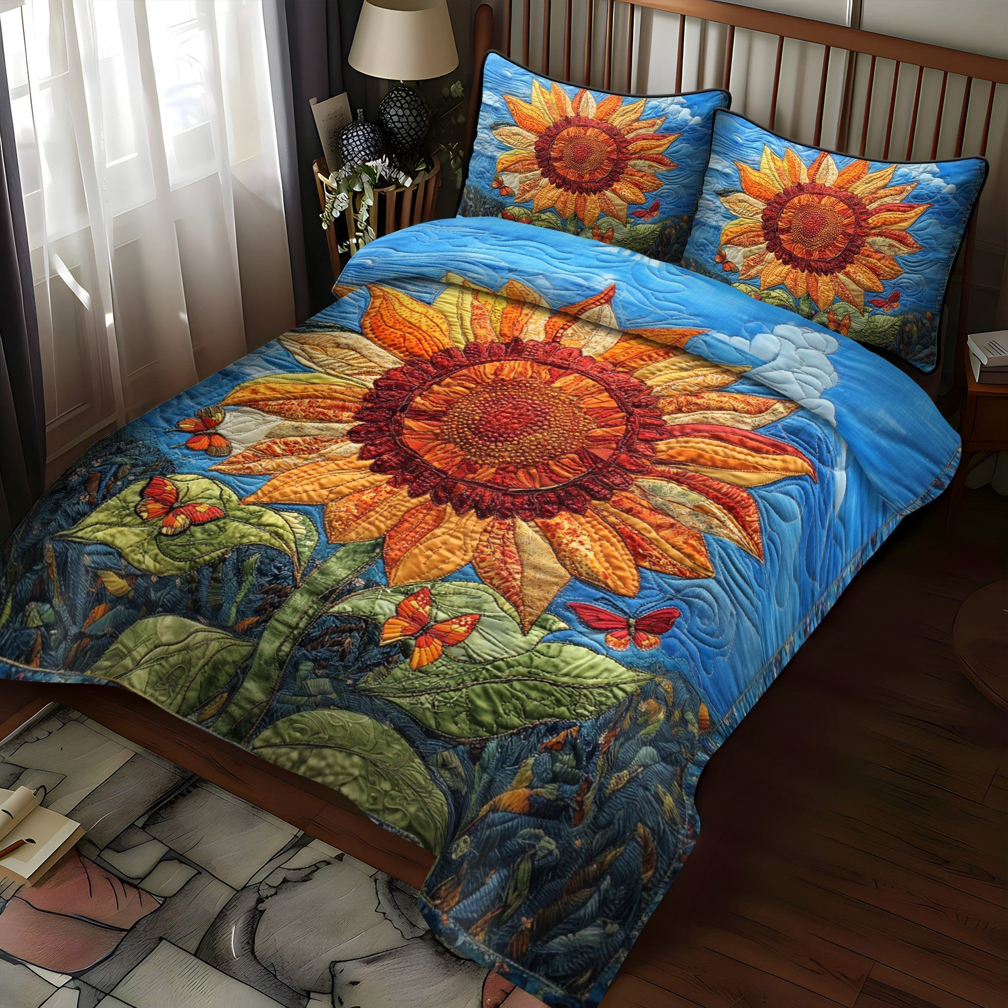 Set di Biancheria da Letto Trapuntata 3 Pezzi Bagliore del Girasole