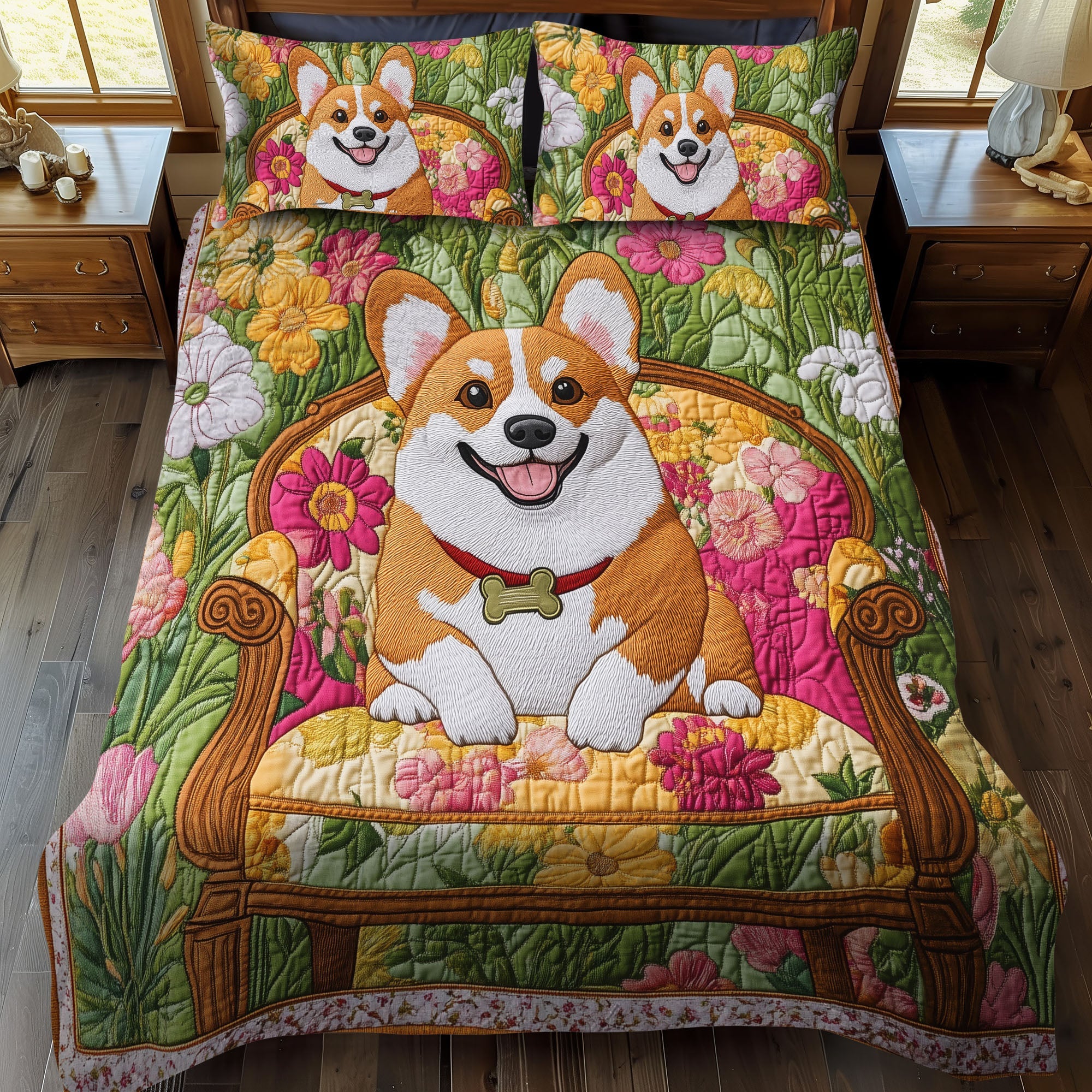 Set di Biancheria da Letto Trapuntata 3 Pezzi Giardino Soleggiato del Corgi