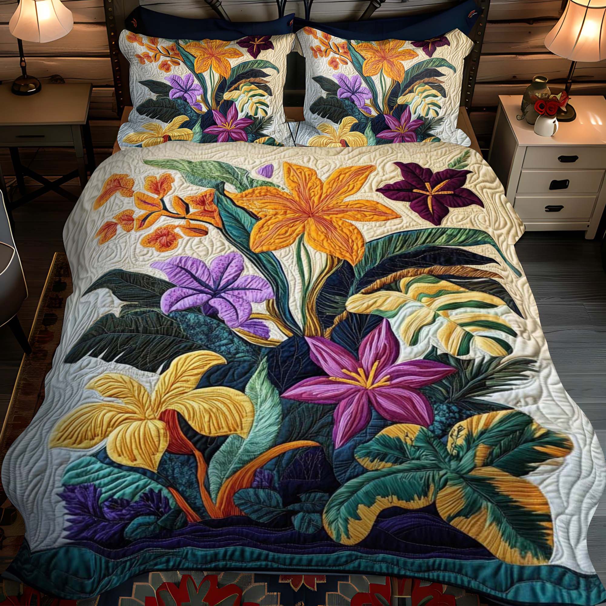 Set di Biancheria da Letto Trapuntata 3 Pezzi Tropicale Fioritura