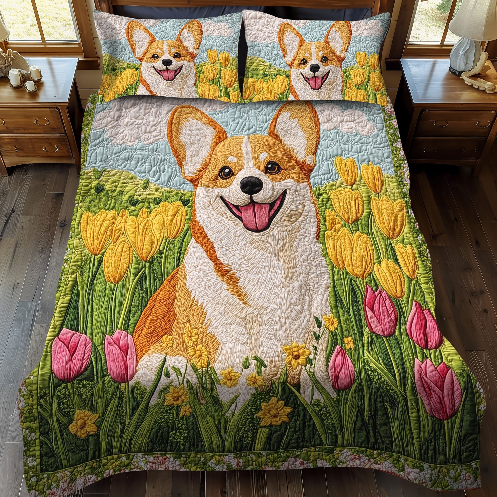 Set di Biancheria da Letto Trapuntata 3 Pezzi Corgi del Tulipano della Beatitudine di With