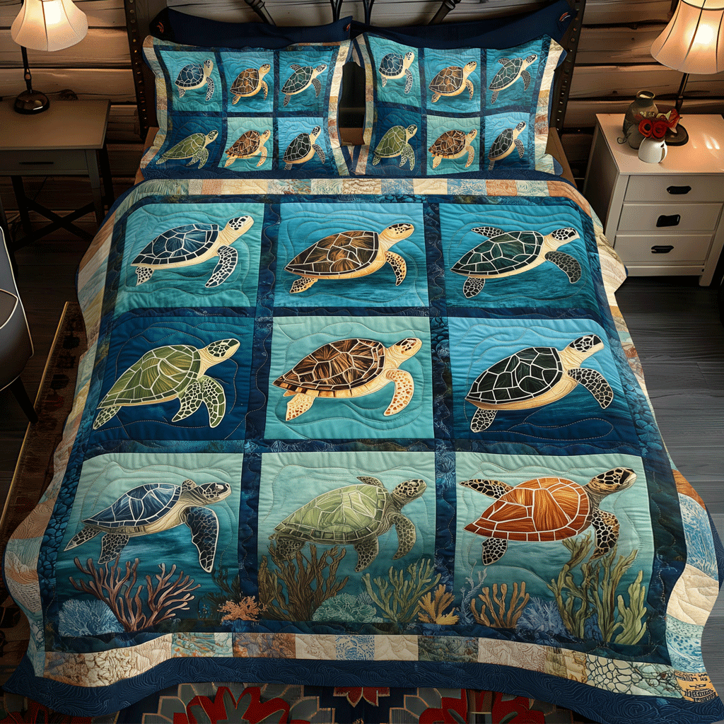 Set di Biancheria da Letto Trapuntata 3 Pezzi Maree della Tartaruga