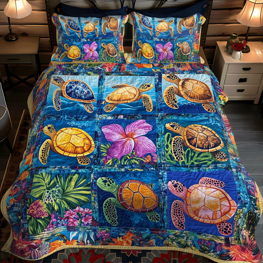 Set di Biancheria da Letto Trapuntata 3 Pezzi Tranquillità della Tartaruga