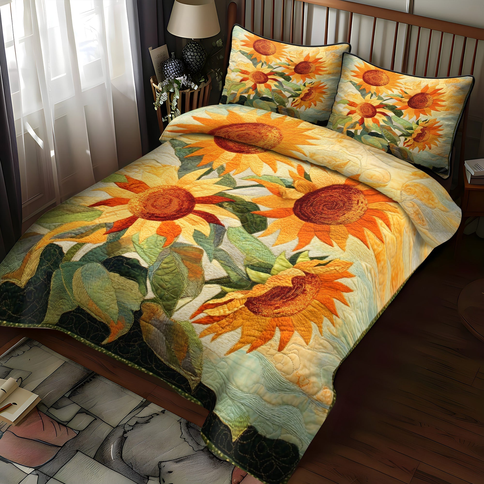 Set di Biancheria da Letto Trapuntata 3 Pezzi Girasoli Vibranti