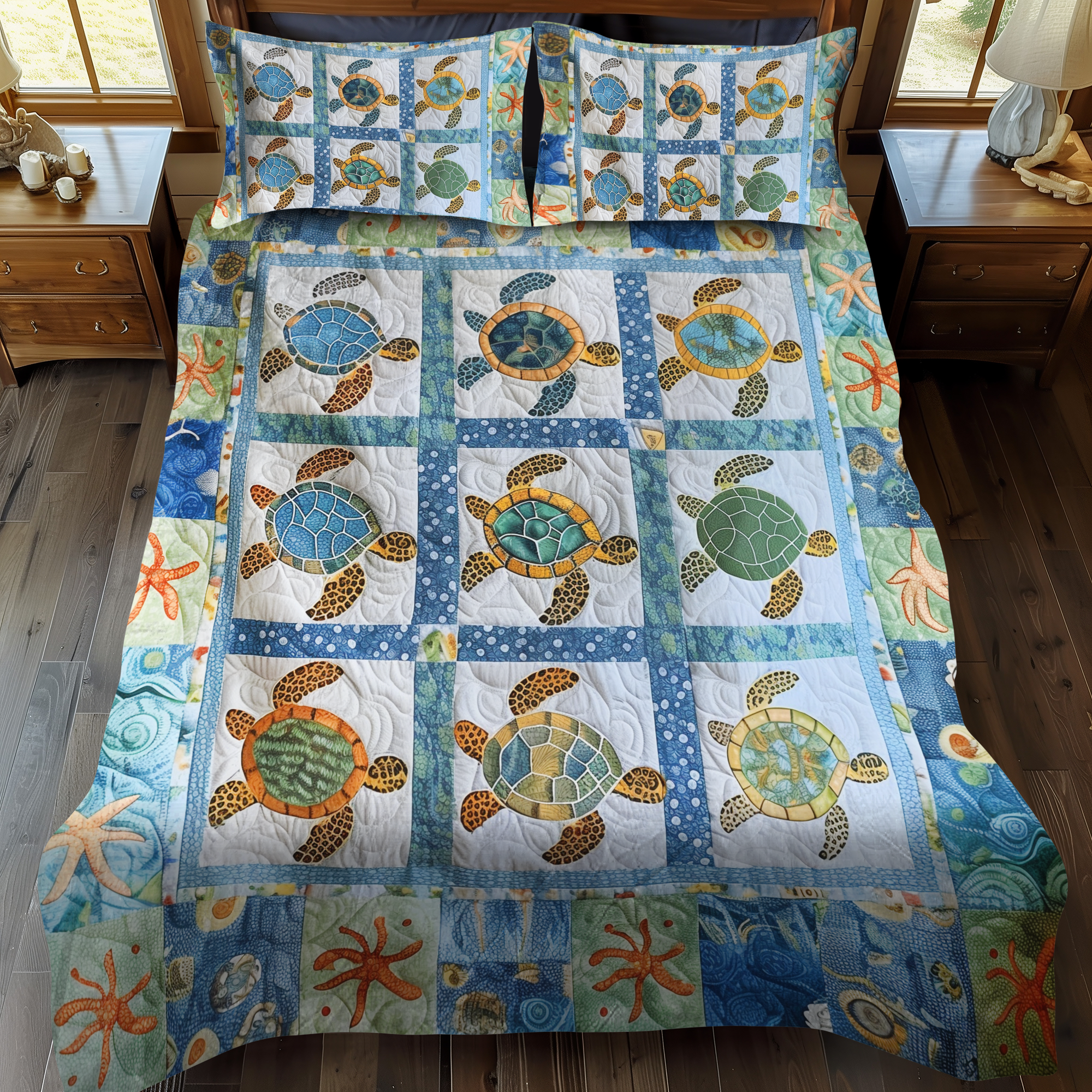 Set di Biancheria da Letto Trapuntata 3 Pezzi Tartarughe Vibranti