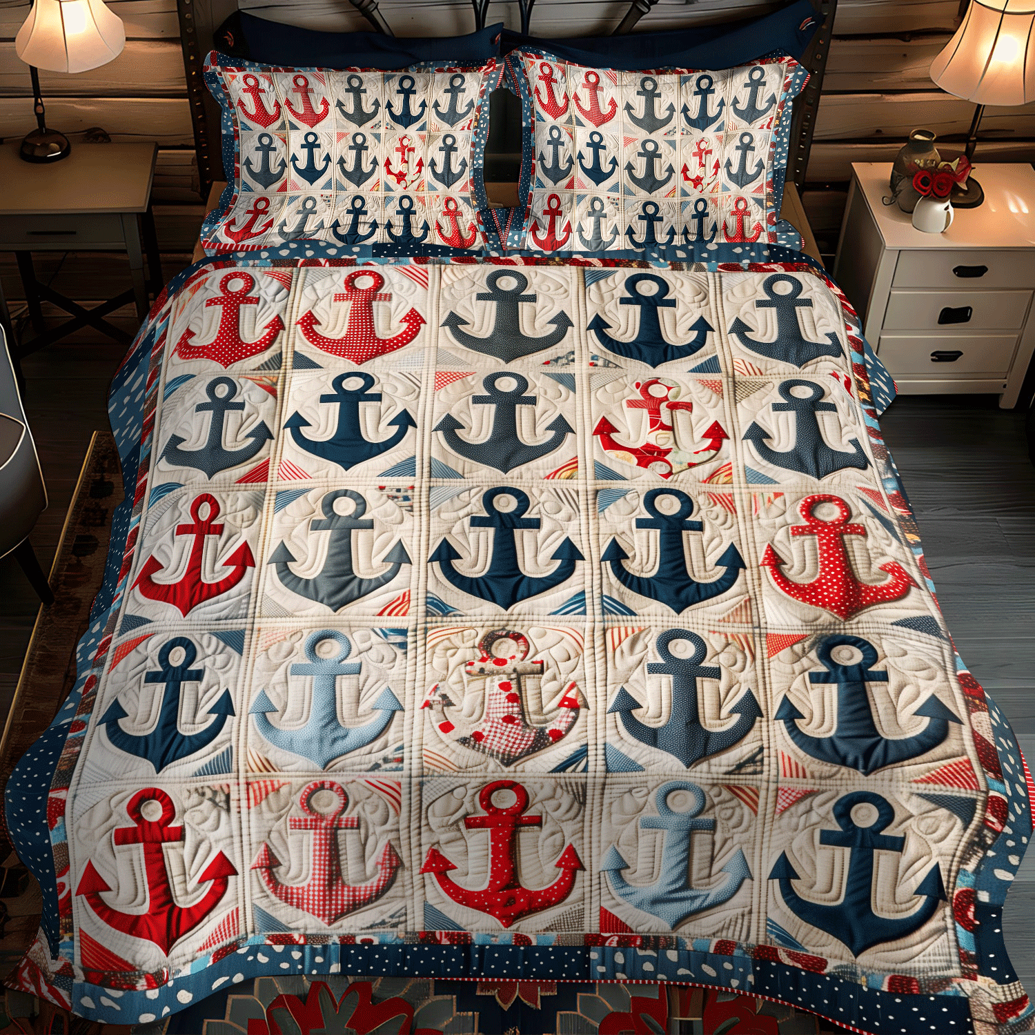 Set di Biancheria da Letto Trapuntata 3 Pezzi Ancore Vintage