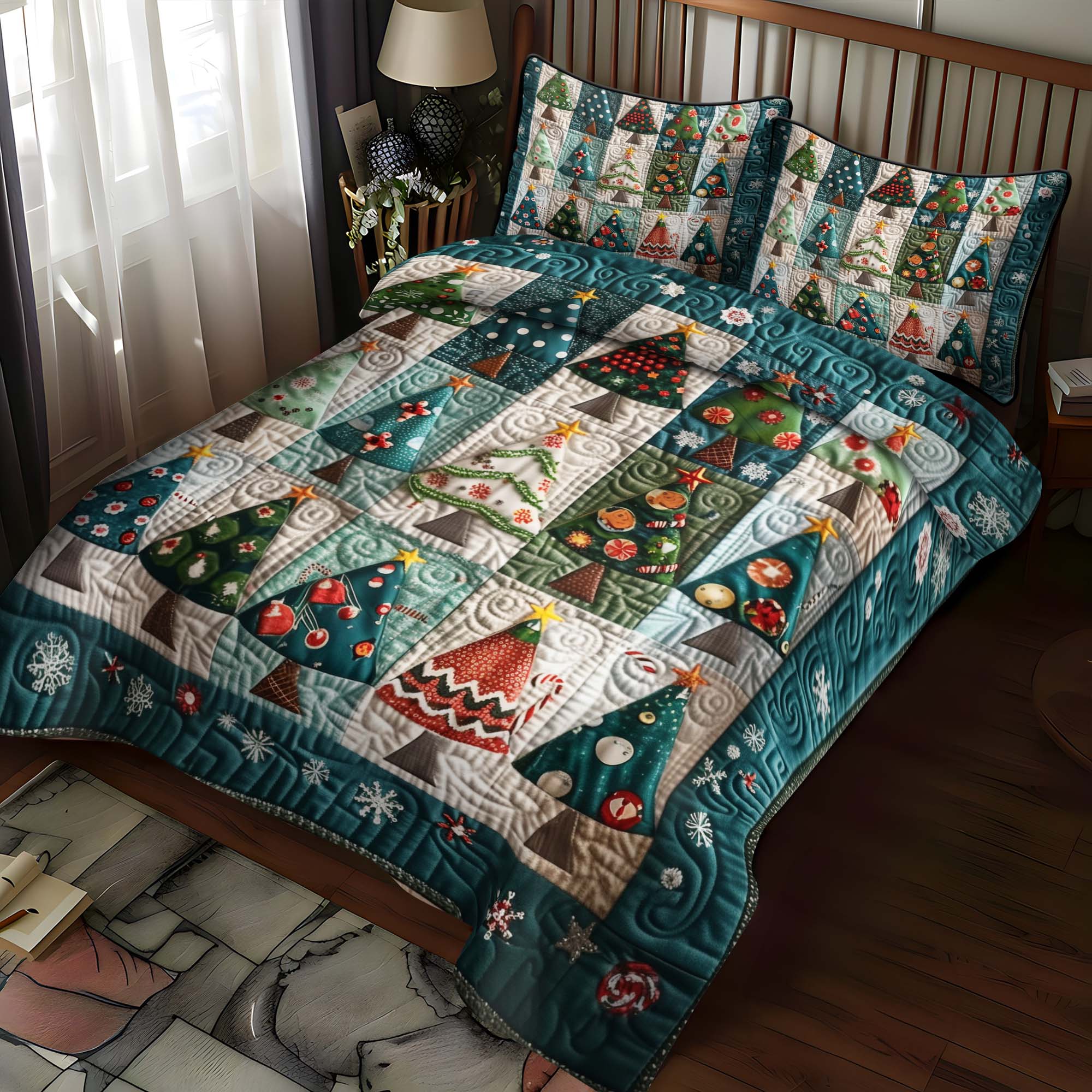Set di Biancheria da Letto Trapuntata 3 Pezzi Alberi Stravaganti del Natale