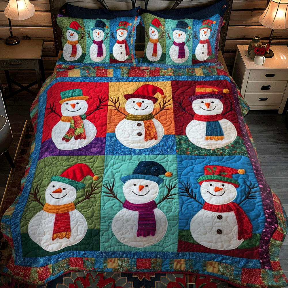 Set di Biancheria da Letto Trapuntata 3 Pezzi Pupazzo di Neve di Xmas della Notte