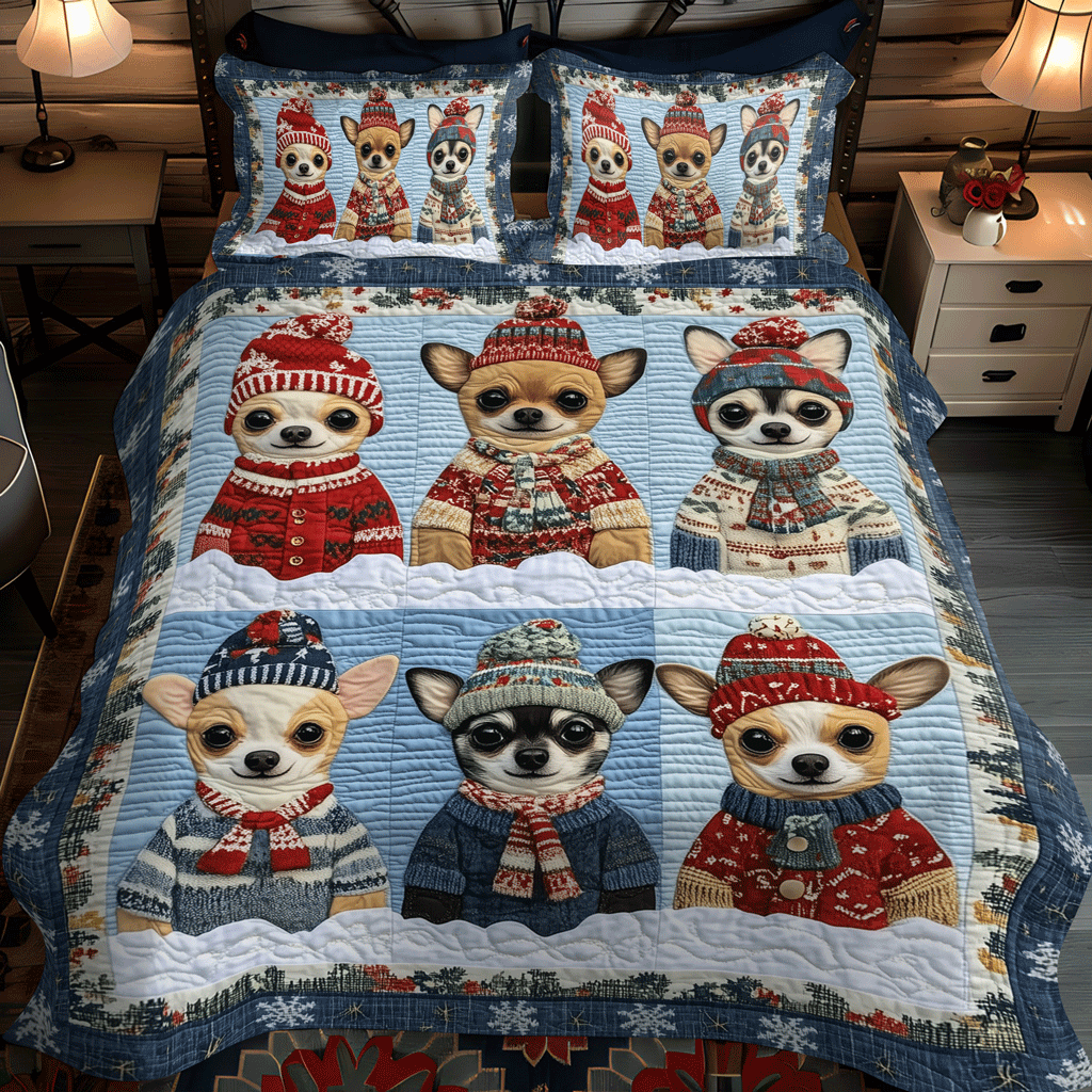 Set di Biancheria da Letto Trapuntata 3 Pezzi Natale di Chihuahuas