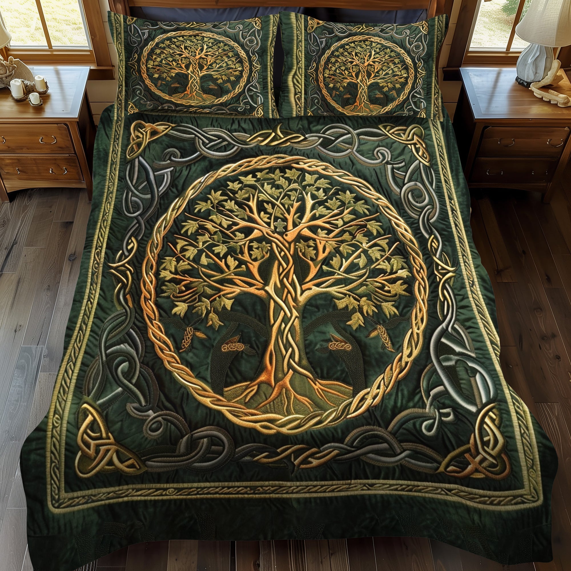 Set di Biancheria da Letto Trapuntata 3 Pezzi Albero Dorato Celtico della Vita
