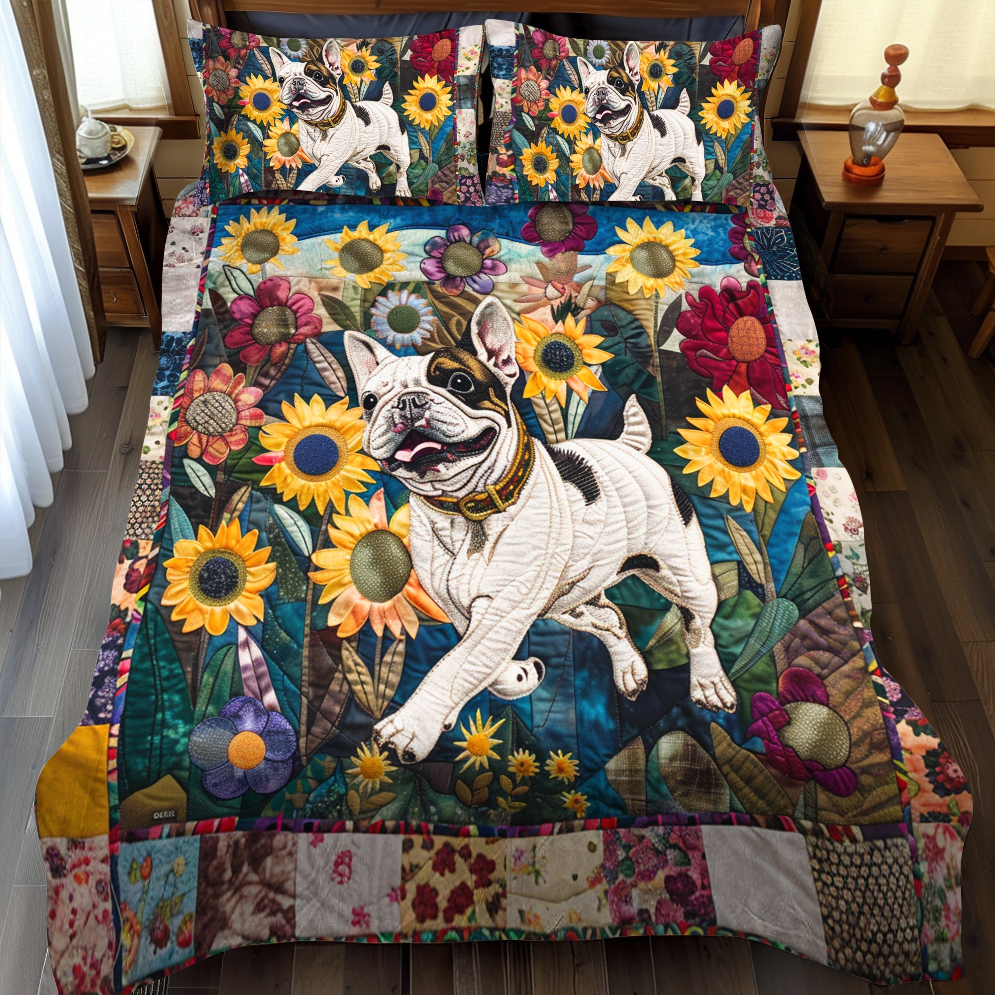 Set di Biancheria da Letto Trapuntata 3 Pezzi Bulldog Francese del Girasole