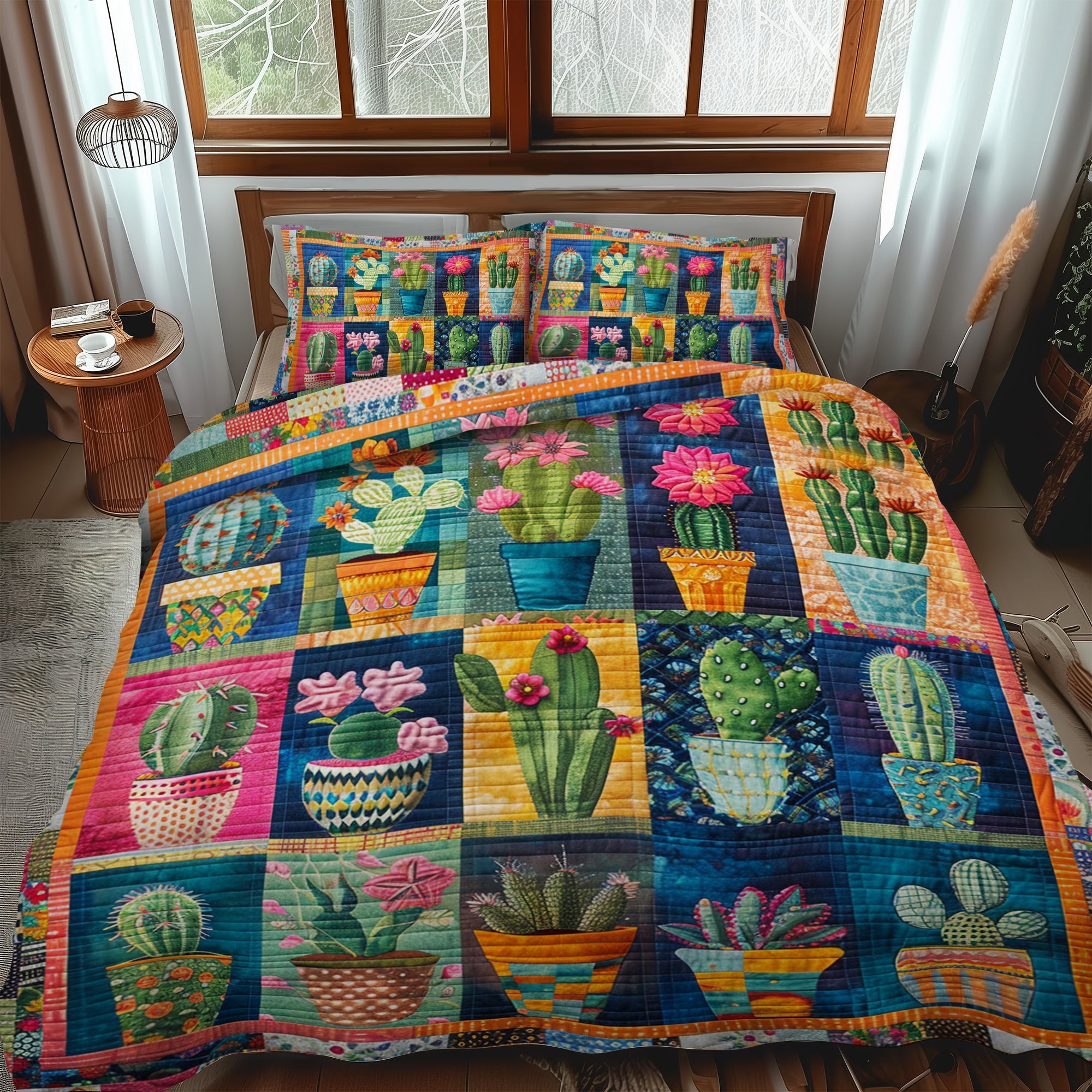Set di Biancheria da Letto Trapuntata 3 Pezzi Fantasia Lussureggiante di Cacti