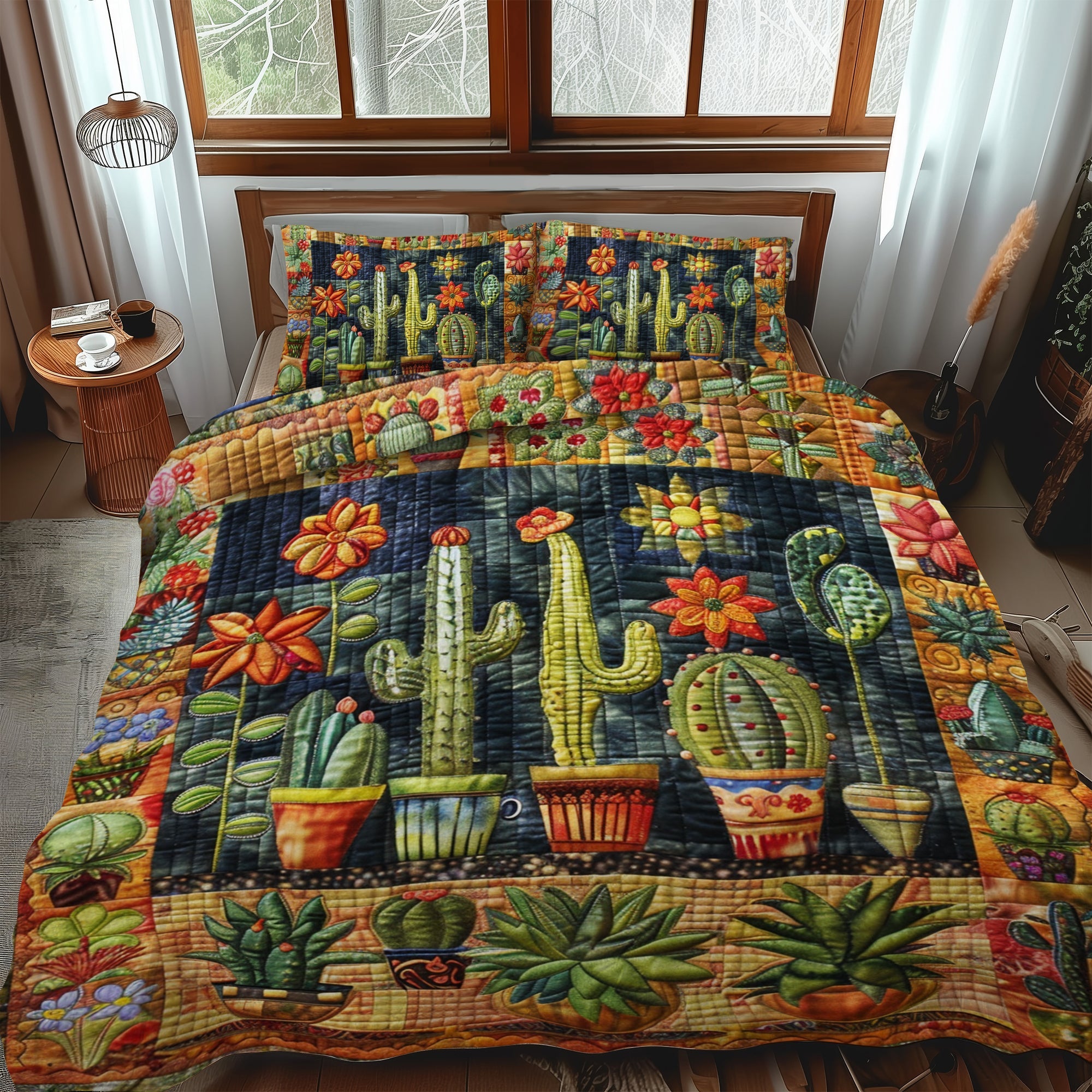 Set di Biancheria da Letto Trapuntata 3 Pezzi Cactus Vibrante della Pianta Grassa