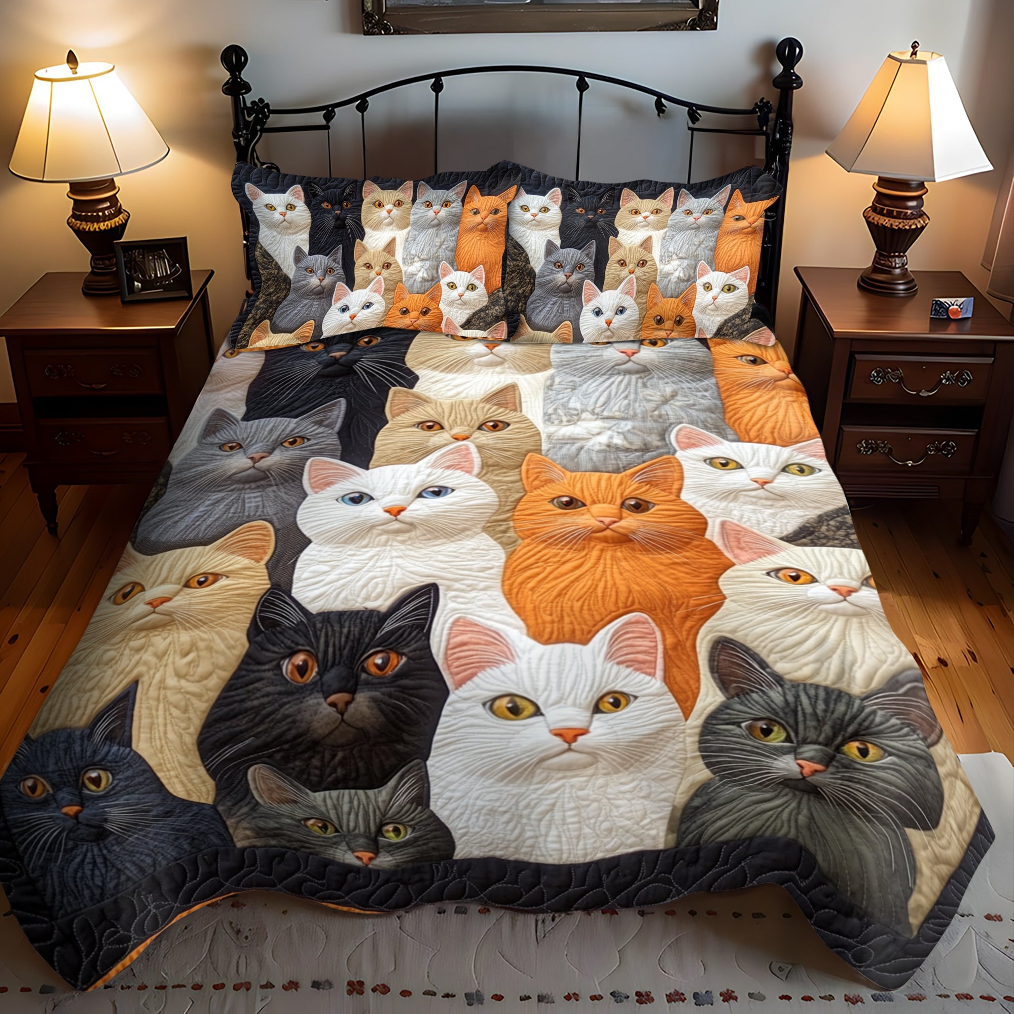 Set di Biancheria da Letto Trapuntata 3 Pezzi Gatti di Multicolored
