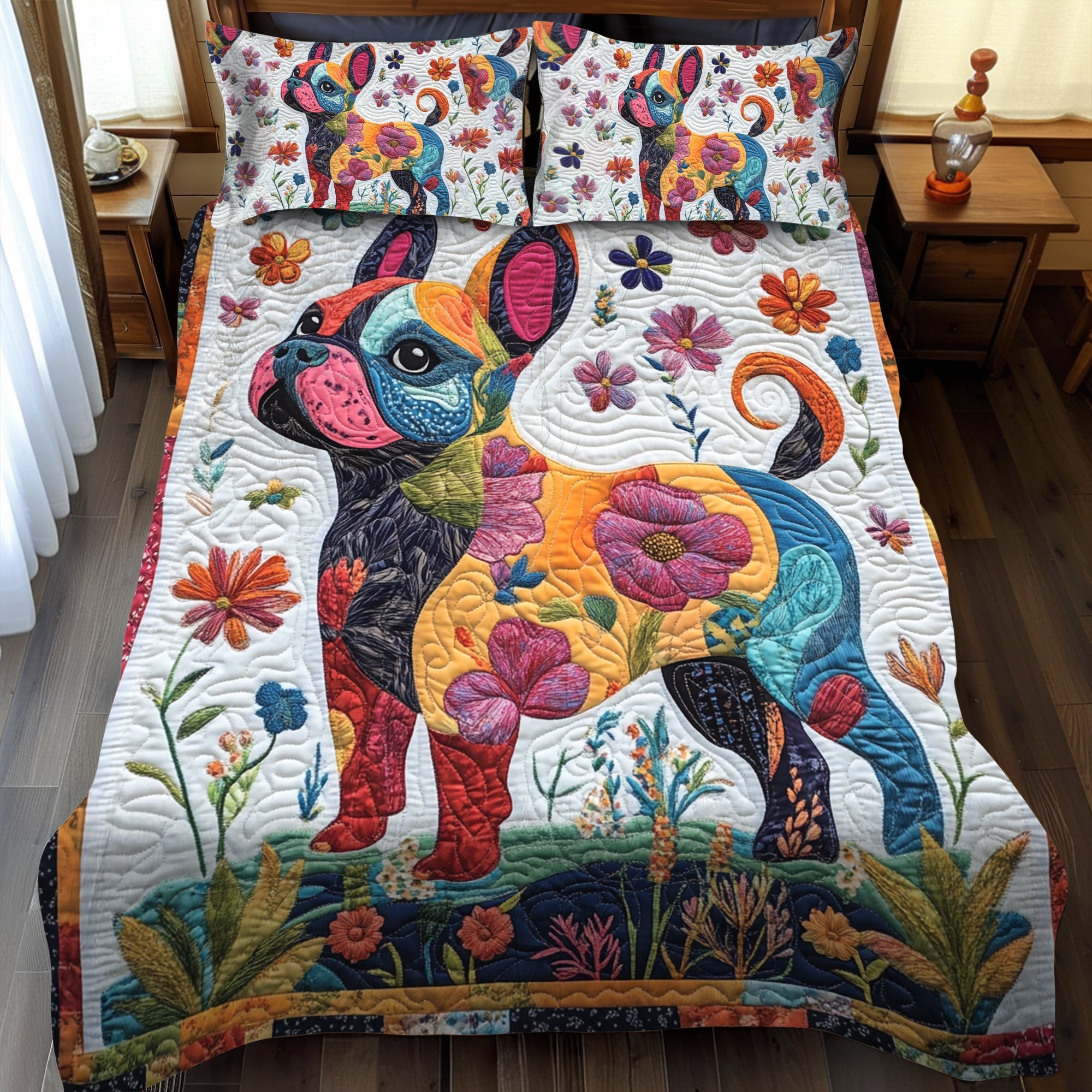 Set di Biancheria da Letto Trapuntata 3 Pezzi Bulldog Adorabile Francese