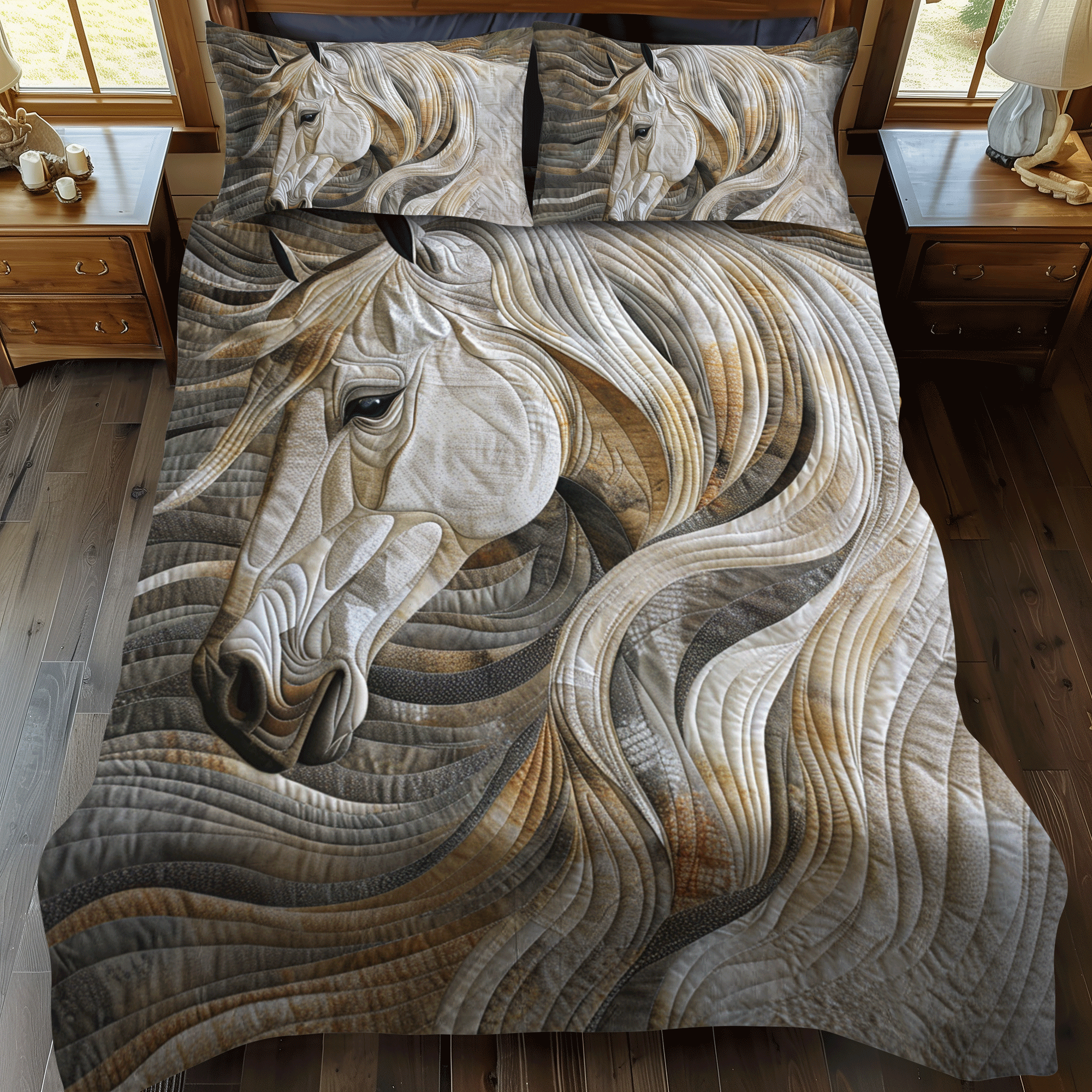 Set di Biancheria da Letto Trapuntata 3 Pezzi Cavallo Vibrante Bianco