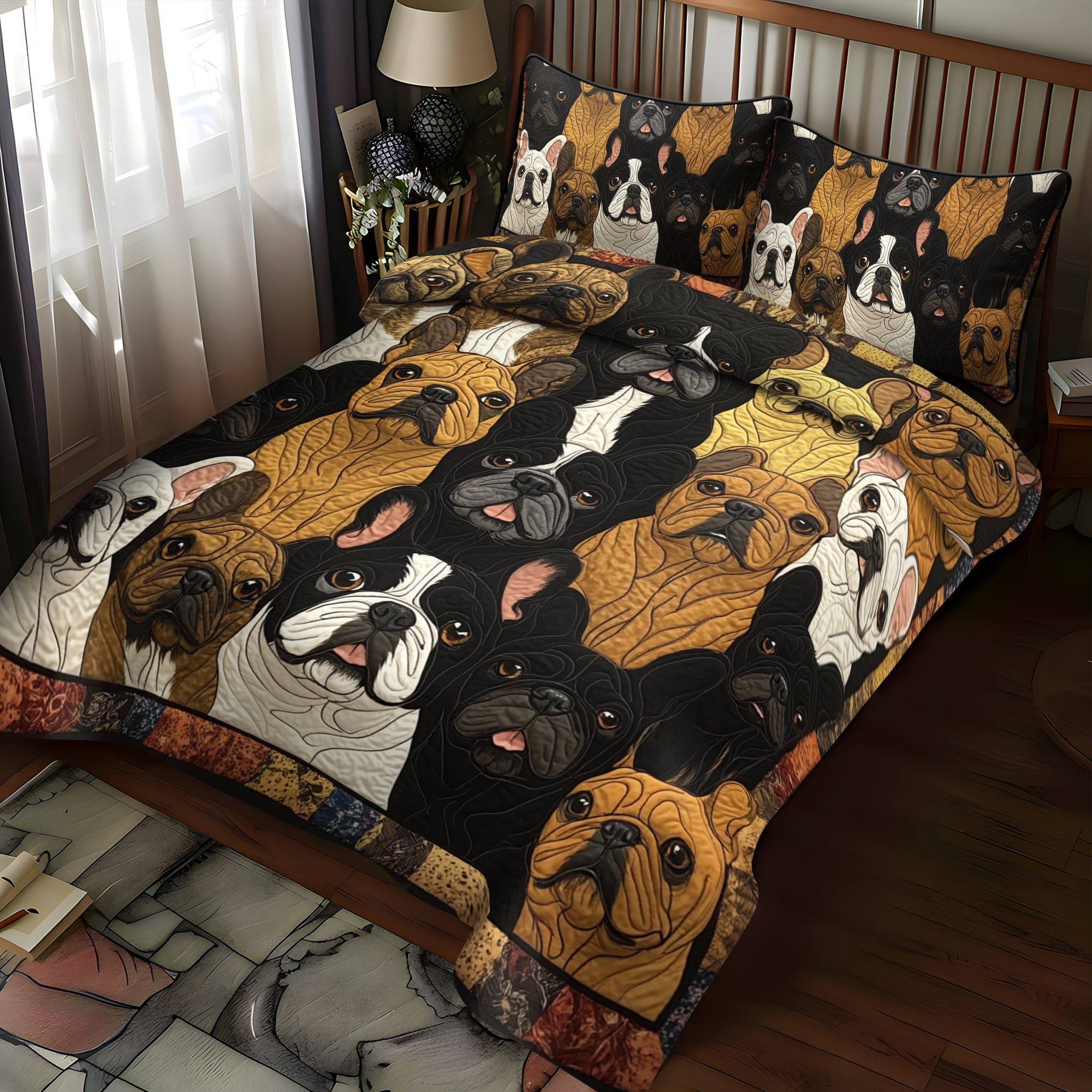 Set di Biancheria da Letto Trapuntata 3 Pezzi Patchwork Francese del Bulldog
