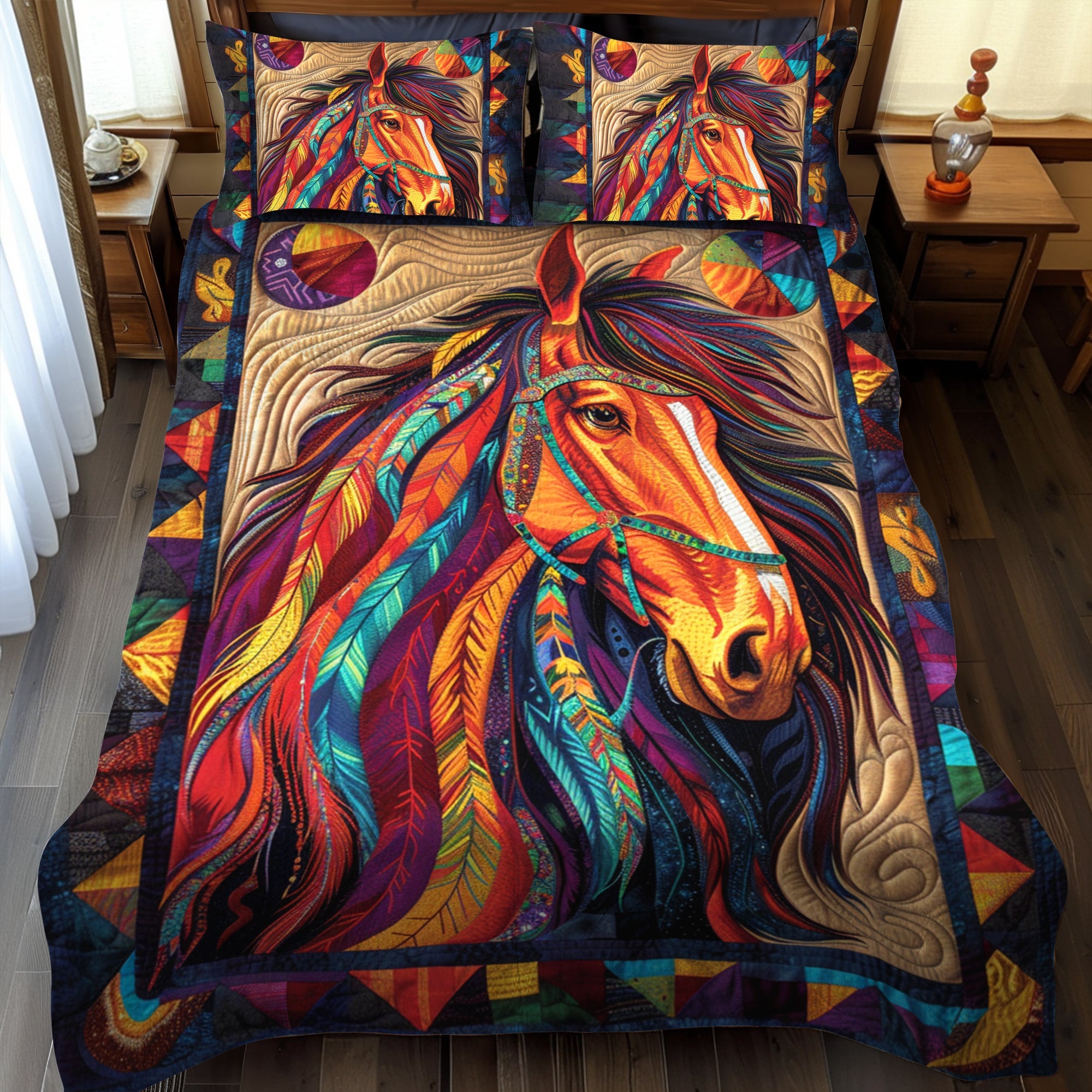 Set di Biancheria da Letto Trapuntata 3 Pezzi Cavallo Nativo Americano