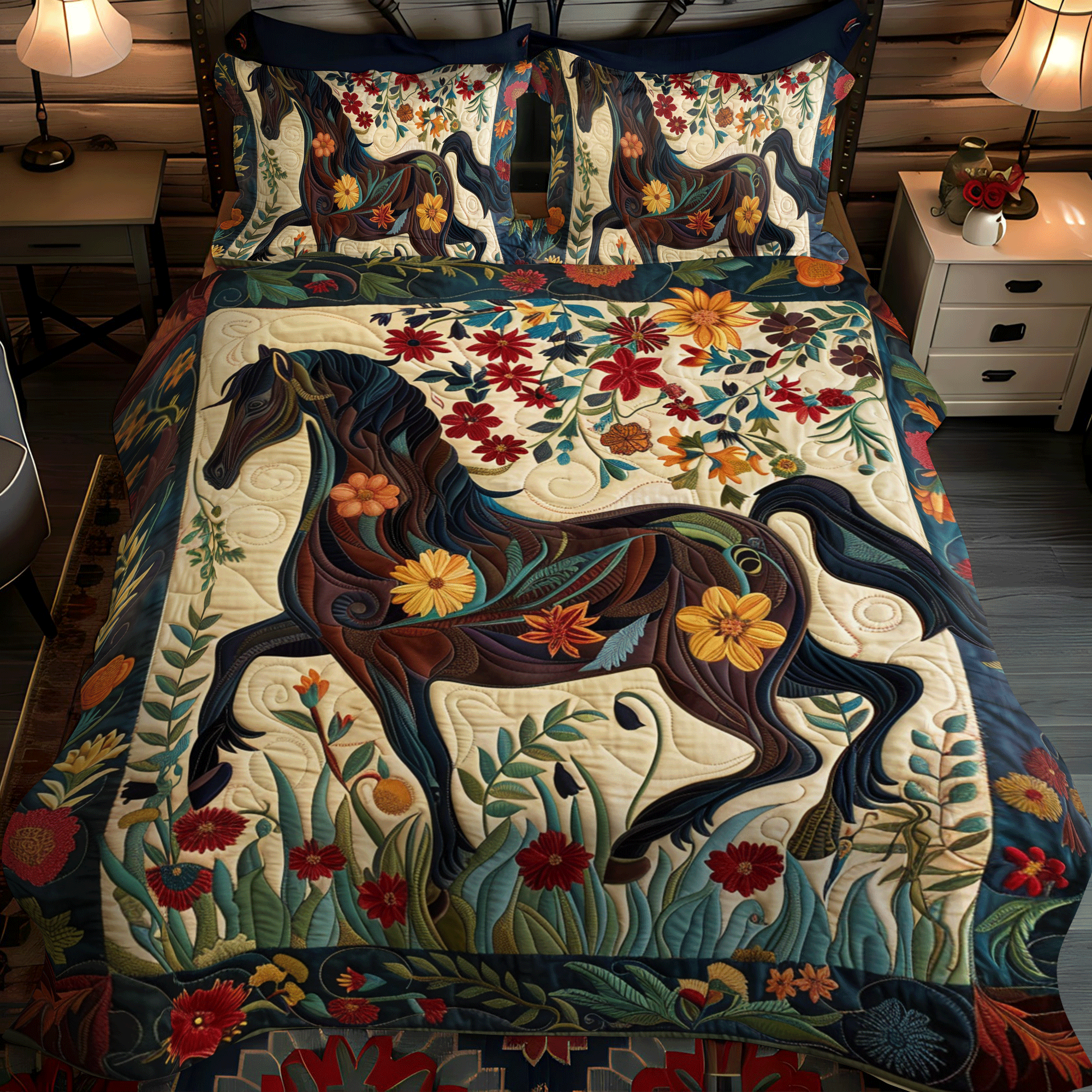 Set di Biancheria da Letto Trapuntata 3 Pezzi Artistico Horse-Themed