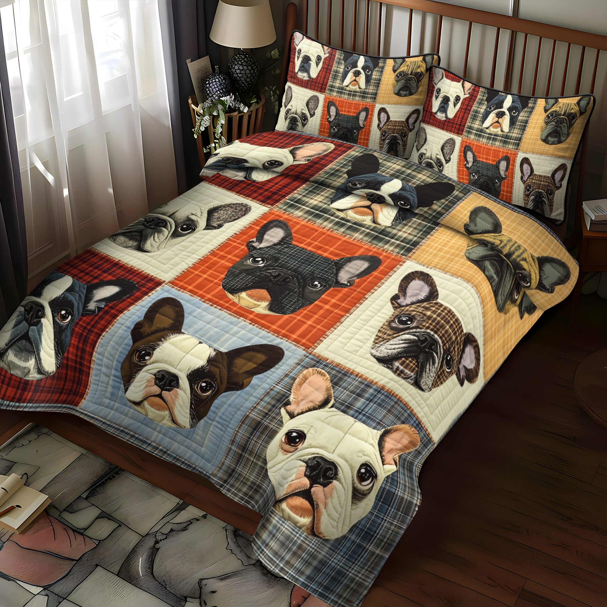 Set di Biancheria da Letto Trapuntata 3 Pezzi Patchwork Francese del Bulldog