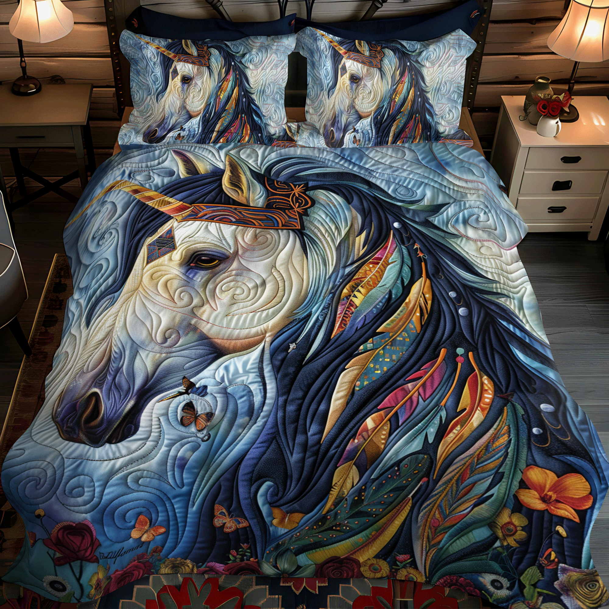 Set di Biancheria da Letto Trapuntata 3 Pezzi Cavallo Vibrante Blu