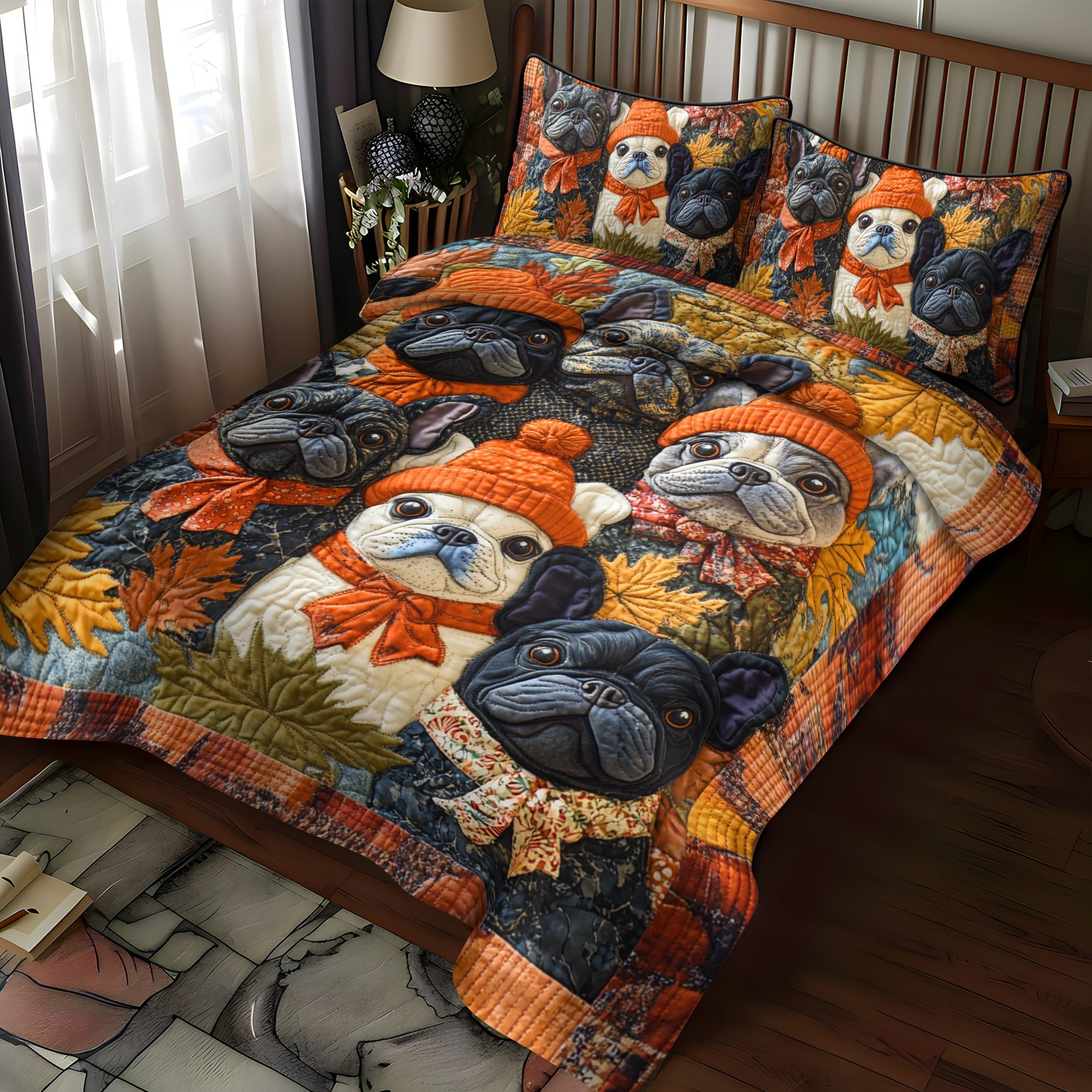 Set di Biancheria da Letto Trapuntata 3 Pezzi Frenchie Faces Thanksgiving