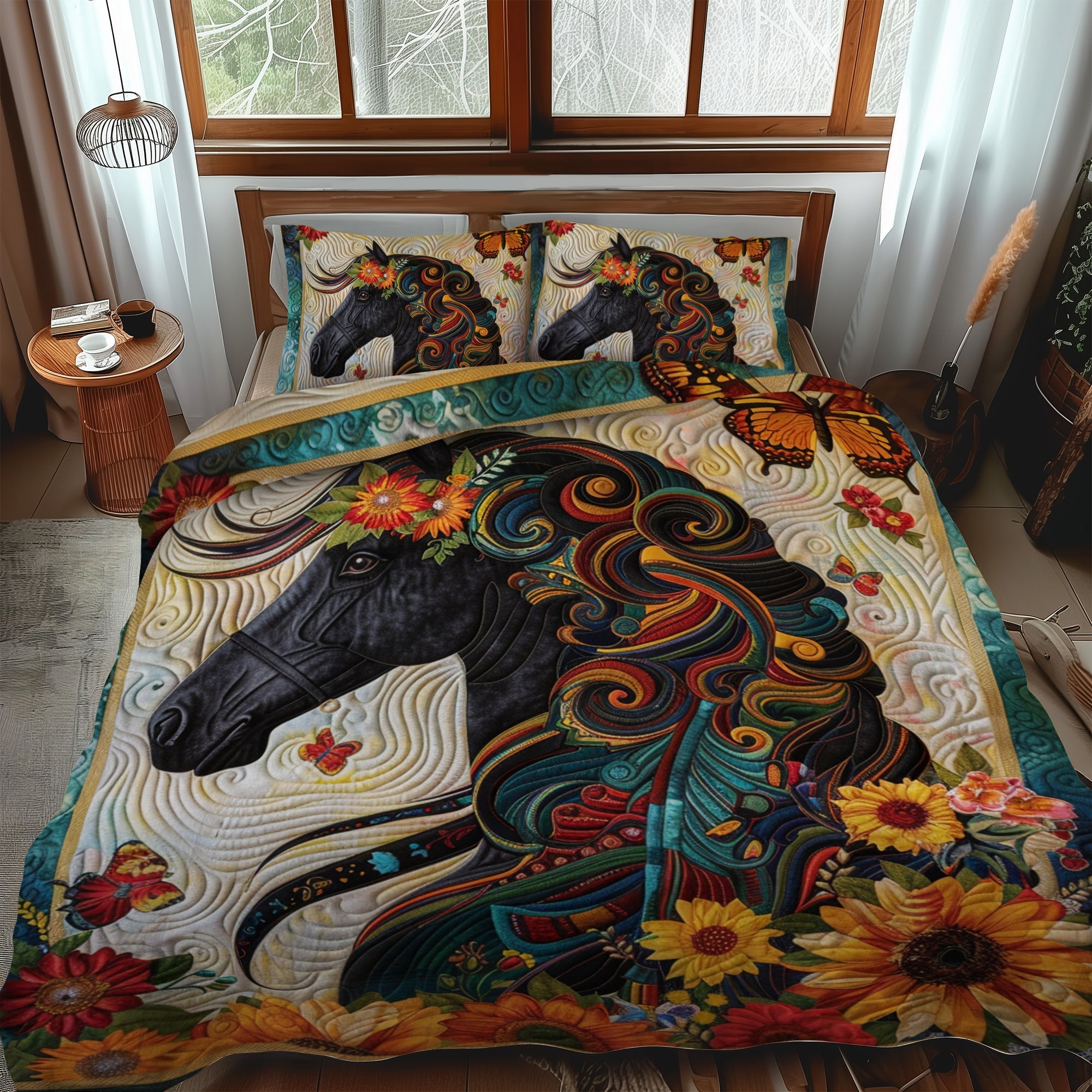 Set di Biancheria da Letto Trapuntata 3 Pezzi Floreale Horse-Themed