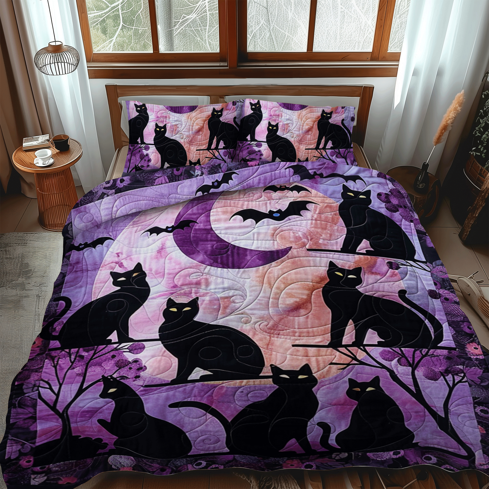 Set di Biancheria da Letto Trapuntata 3 Pezzi Gatto Artistico Nero