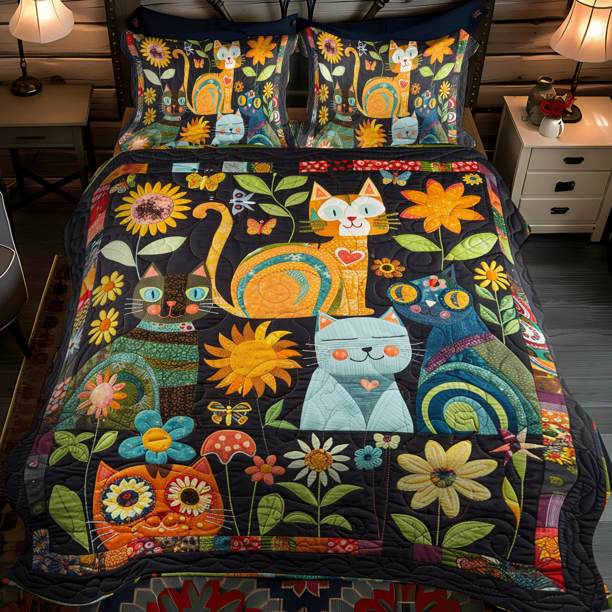 Set di Biancheria da Letto Trapuntata 3 Pezzi Artistico Cat-Themed